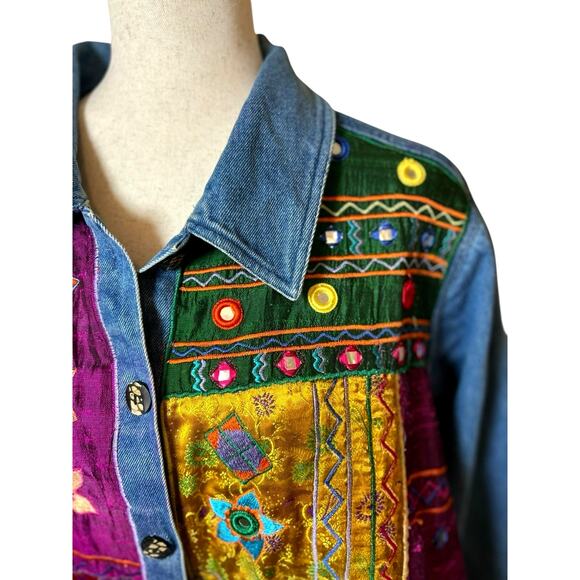Vintage Cotton Blue Denim 100% Silk Patchwork Jacket 1X Funky Artsy Teacher 80's - Picture 7 of 8